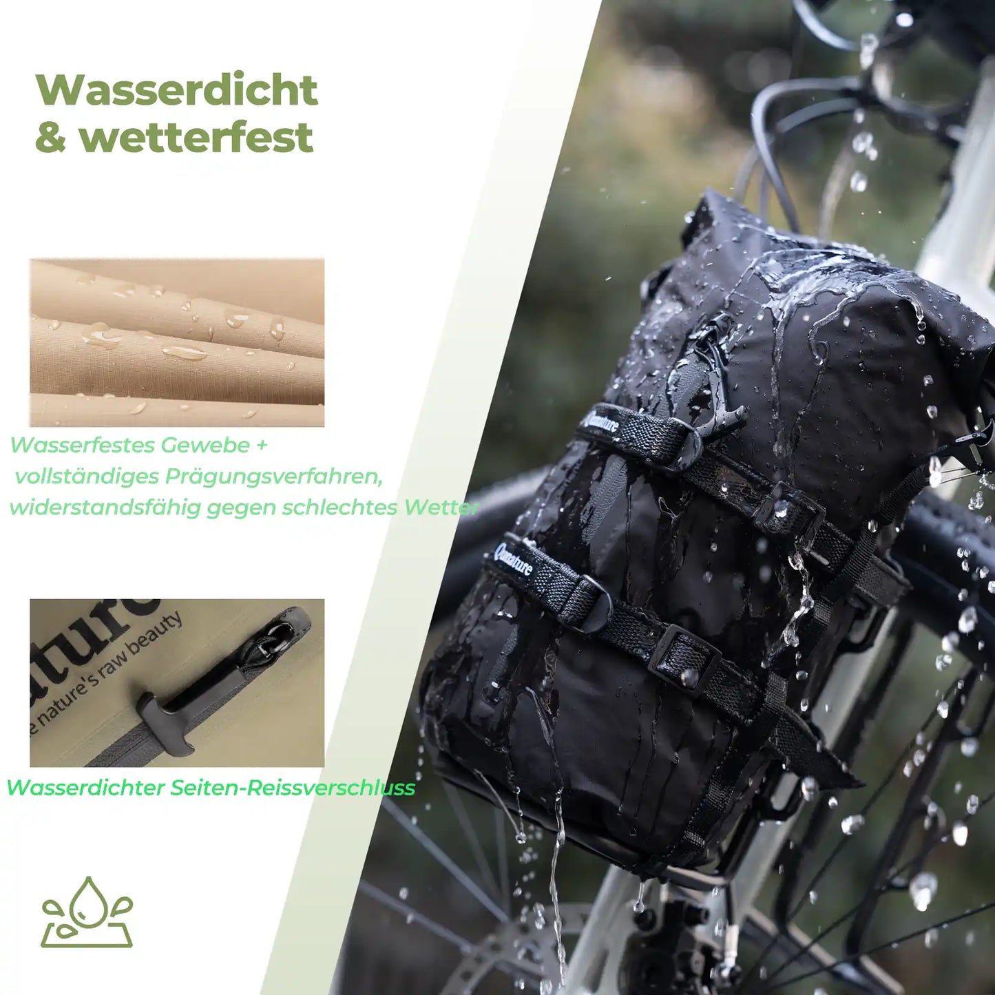 schwarze bikepacking tasche mit wasserdichtem gewebe und seiten-reissverschluss, widerstandsfähig gegen schlechtes wetter
