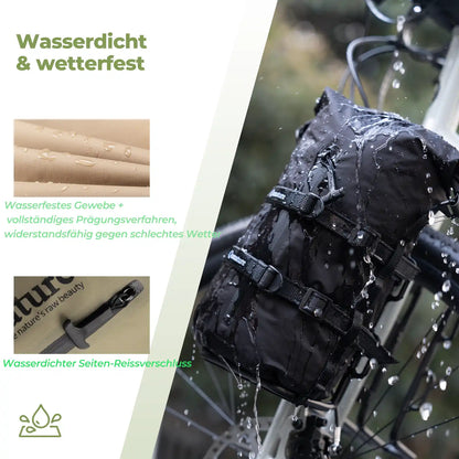 schwarze bikepacking tasche mit wasserdichtem gewebe und seiten-reissverschluss, widerstandsfähig gegen schlechtes wetter