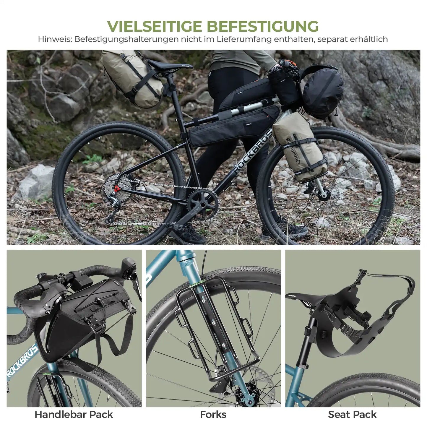 bikepacking kompressionstaschen, vielseitige befestigung fuer handlebars, forks und sitzpack