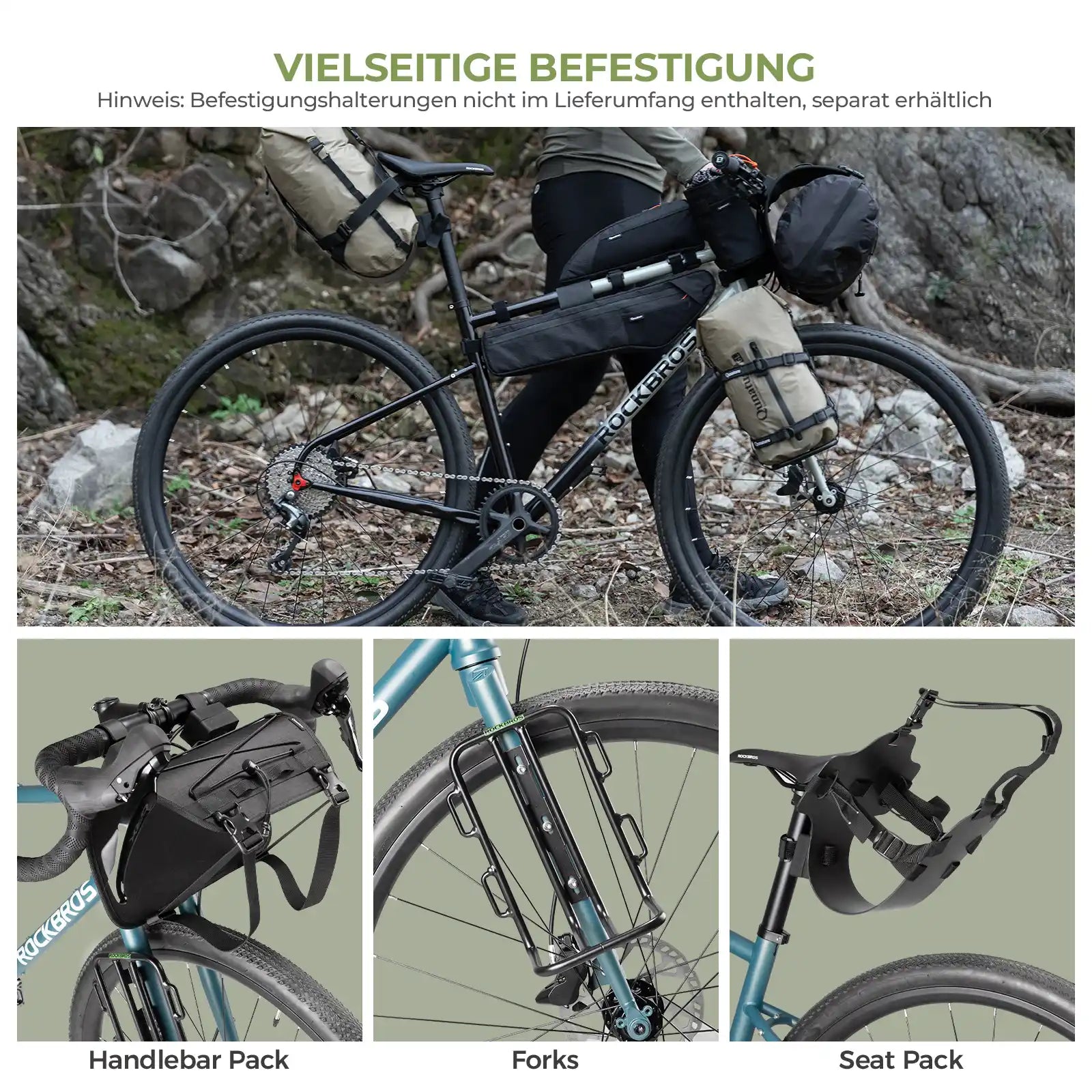 bikepacking kompressionstaschen, vielseitige befestigung fuer handlebars, forks und sitzpack