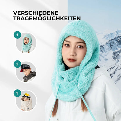 ansicht der produktverpackung und der wertigen haptik des nackenwärmers.