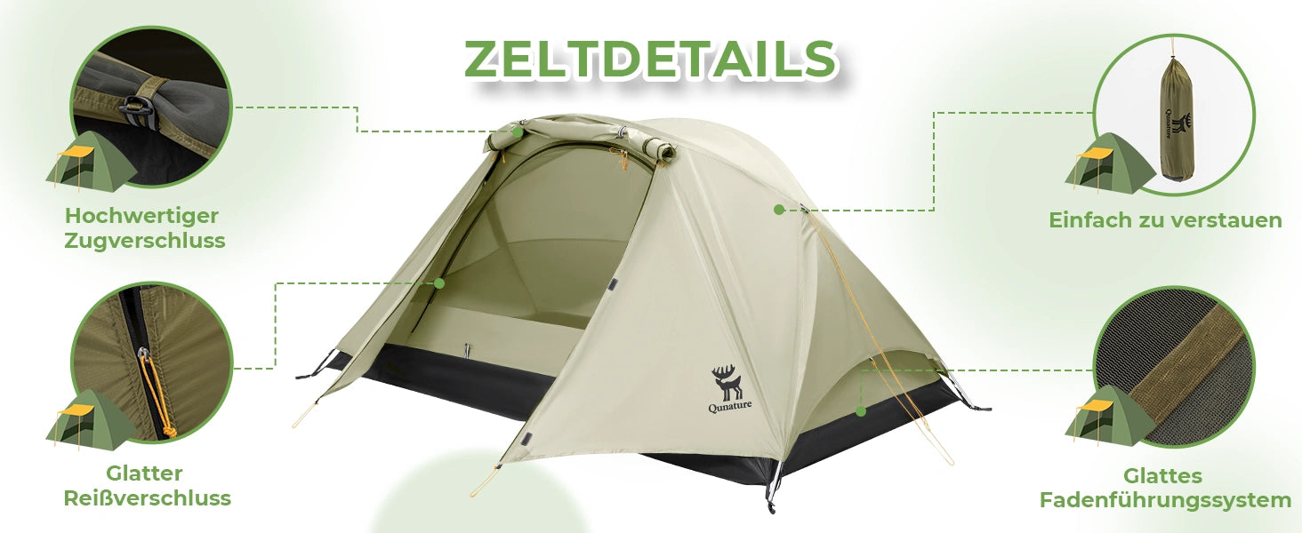Zeltdetails mit zubehör und funktionen