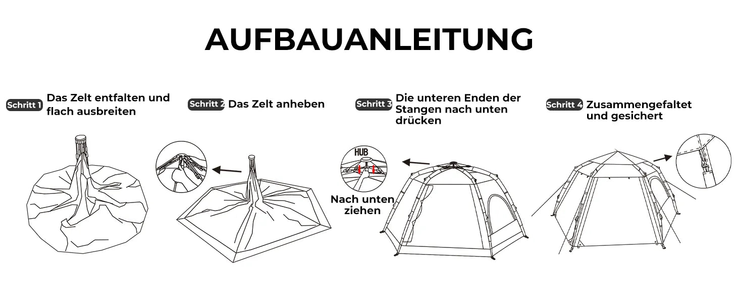 schritt-für-schritt diagramm zur zeltmontage auf deutsch