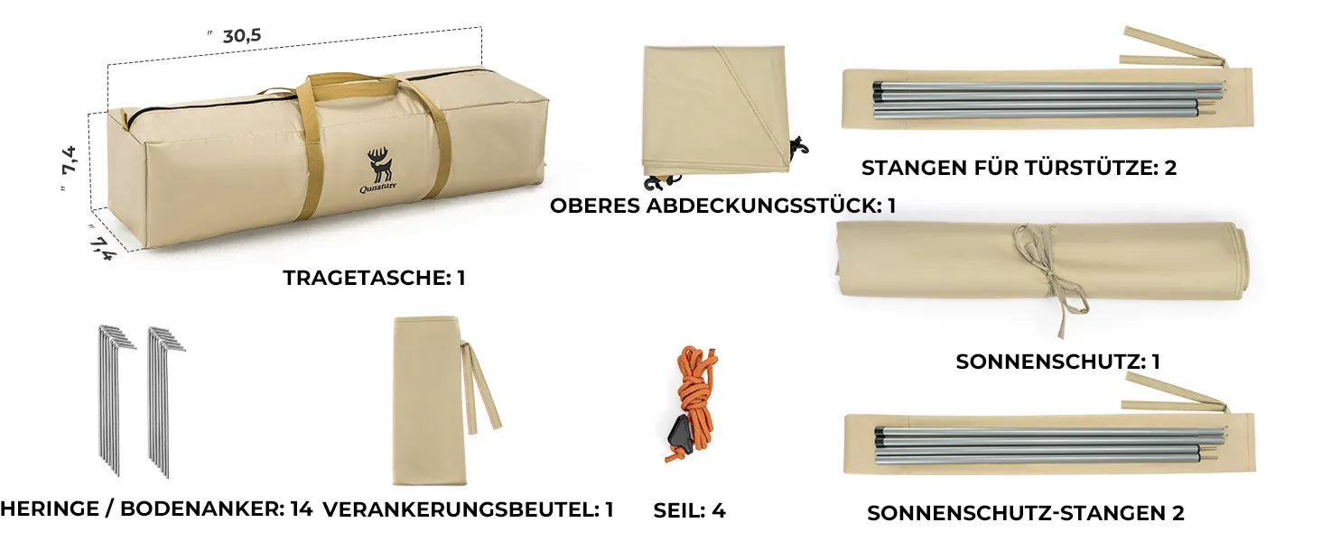 zeltzubehör wie tragetasche, stangen, heringe und sonnenschutz