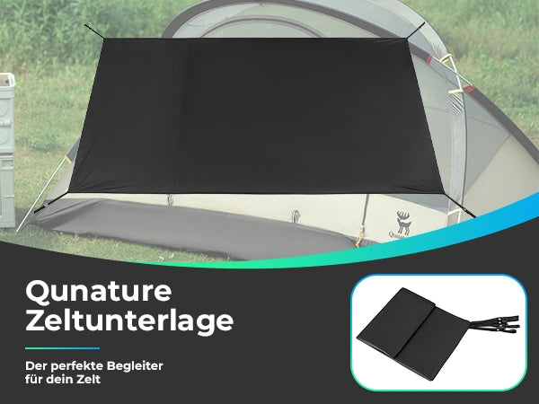 black tent footprint laid out in front of a camping tent, with folded view shown