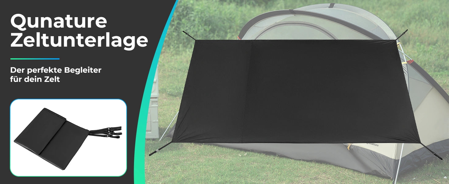 black tent footprint laid out in front of a camping tent, with folded view shown
