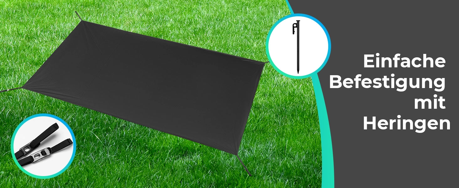tent footprint on green grass, showing easy attachment with straps and pegs