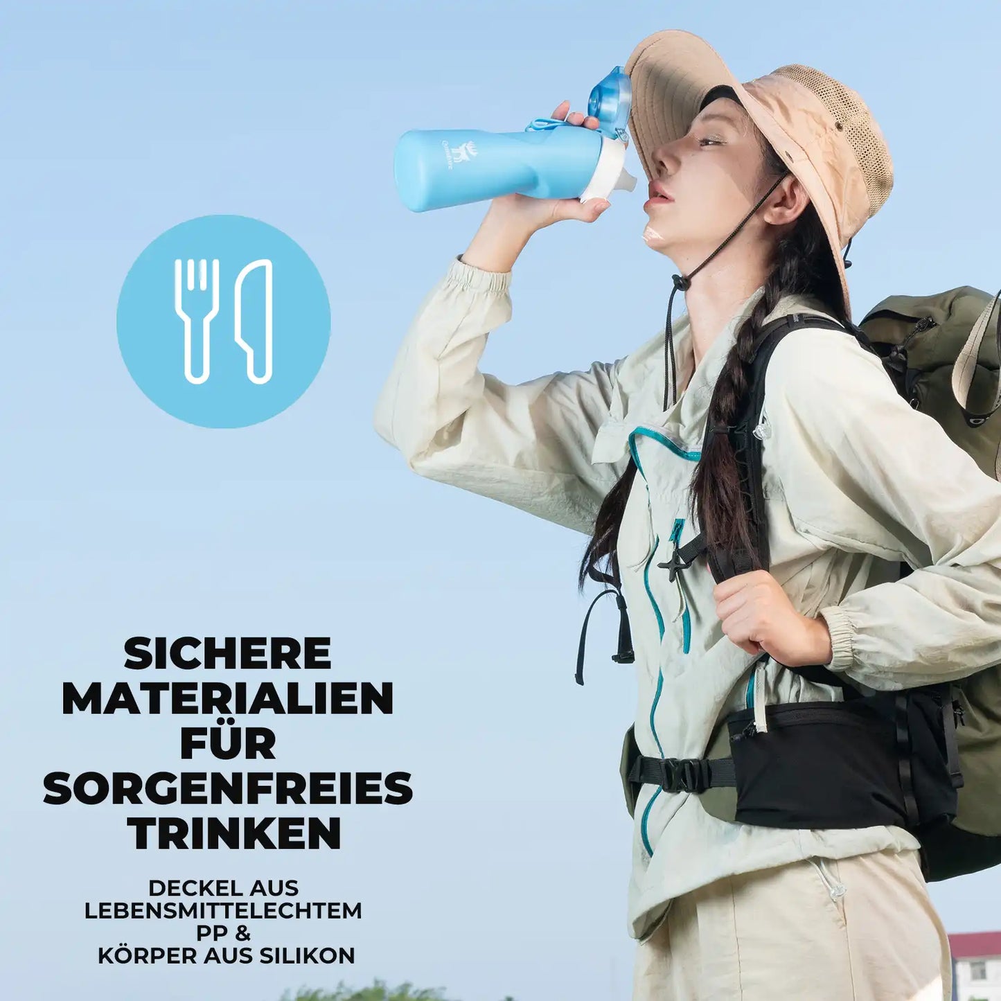 quanture blaue trinkflasche aus lebensmittelechten materialien