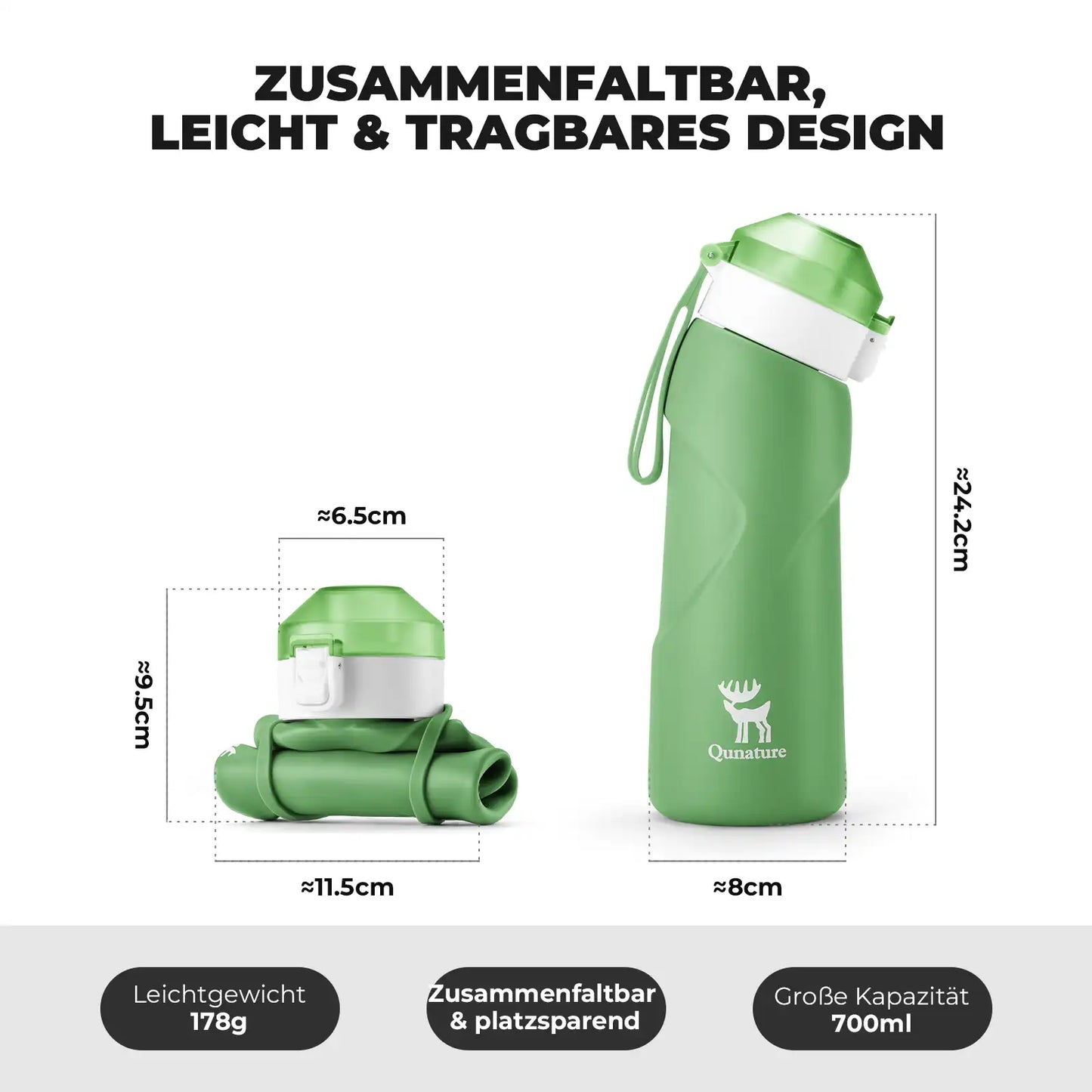 quanture grüne zusammenfaltbare trinkflasche mit massangaben