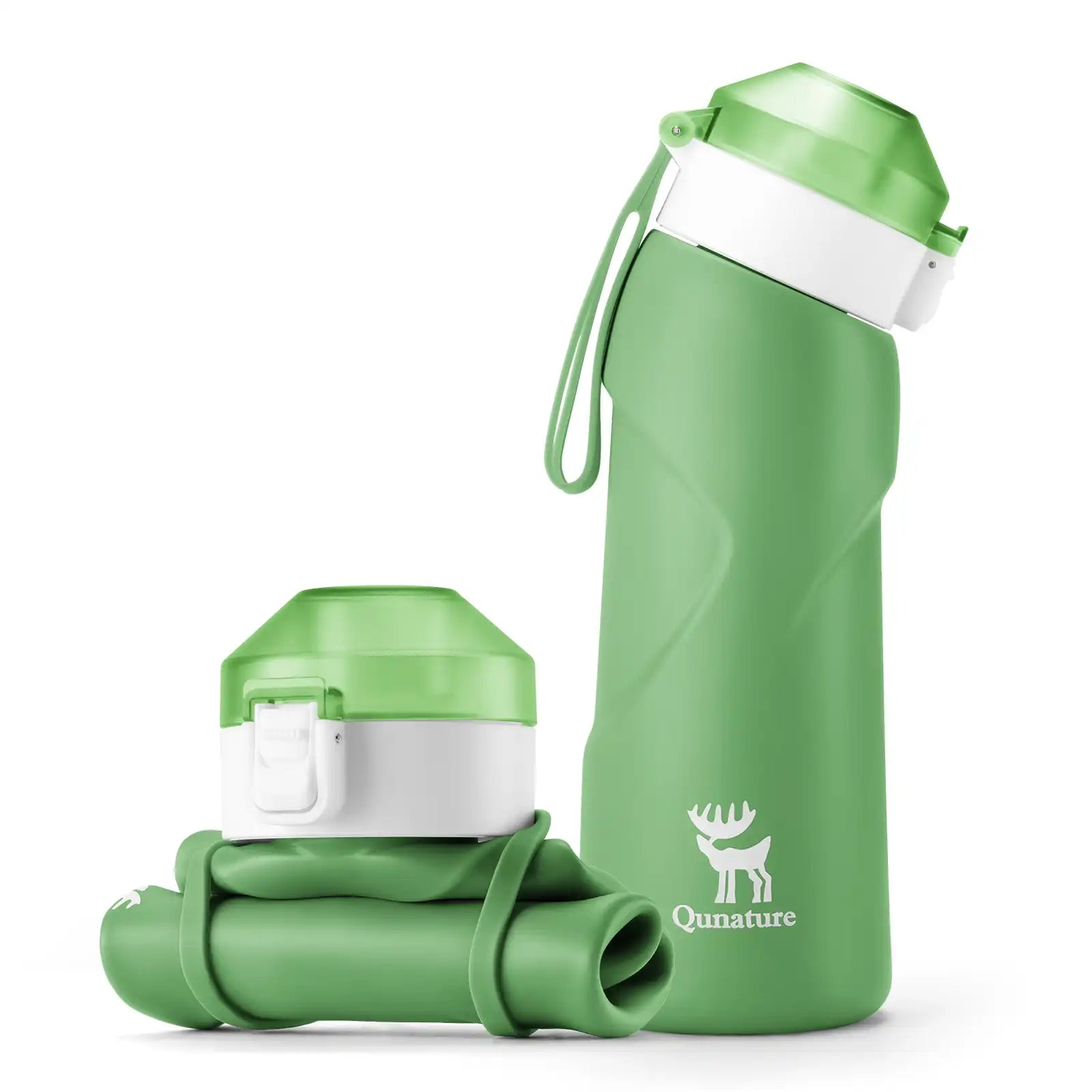 quanture grüne zusammenfaltbare trinkflasche aufgeklappt