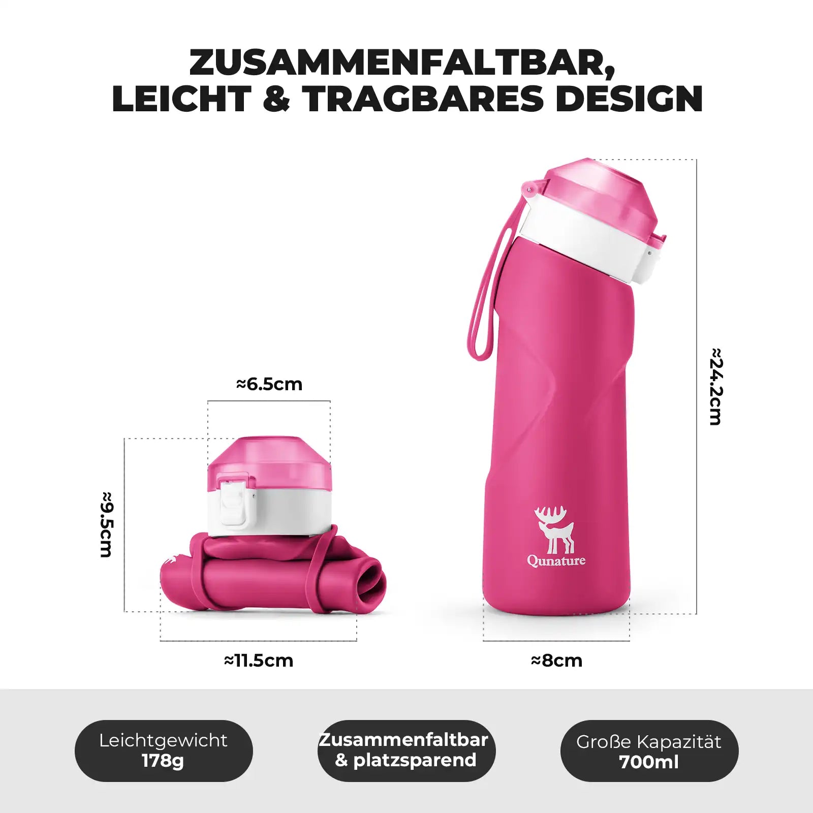 quanture rosa zusammenfaltbare trinkflasche mit massangaben