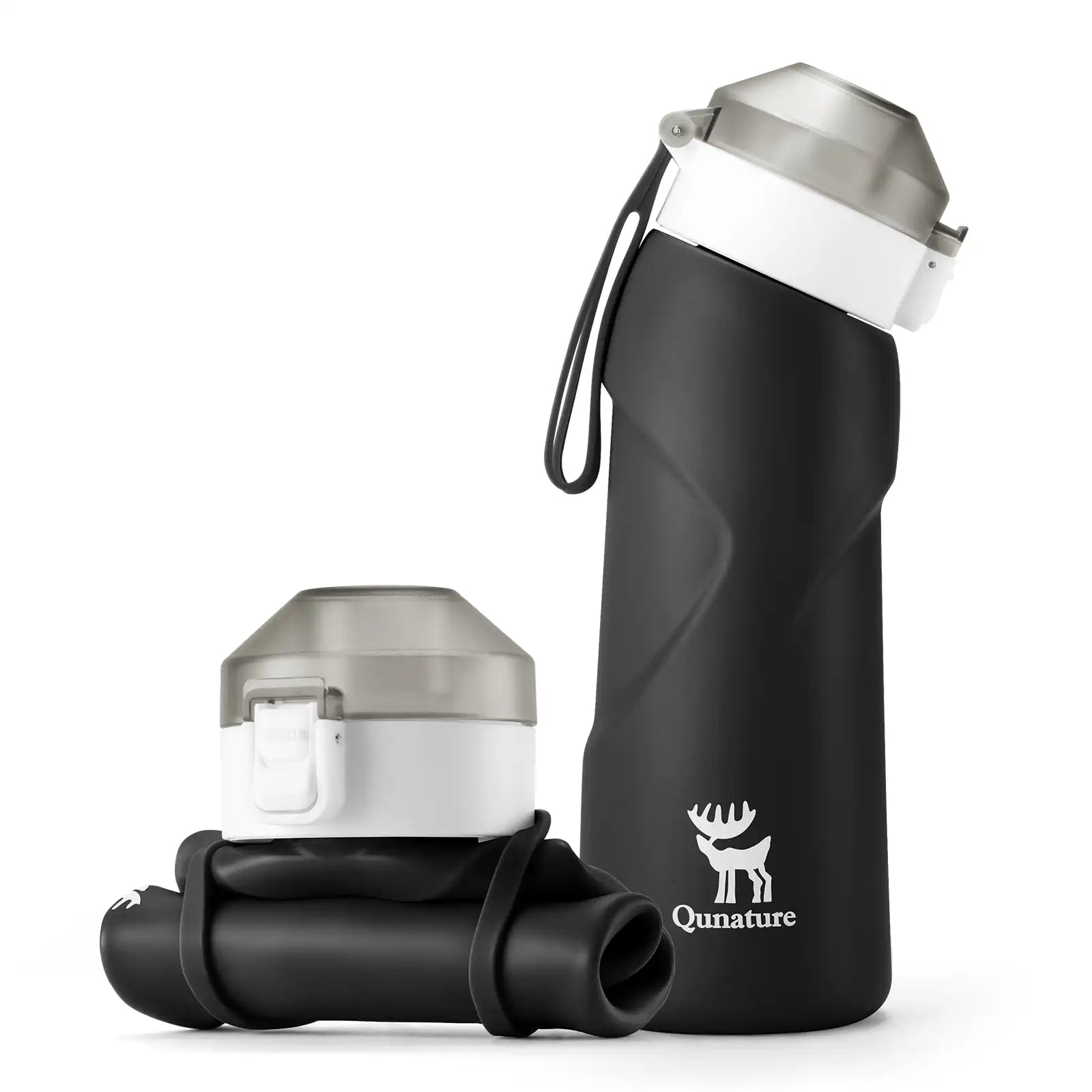 quanture schwarze zusammenfaltbare trinkflasche zusammengelegt