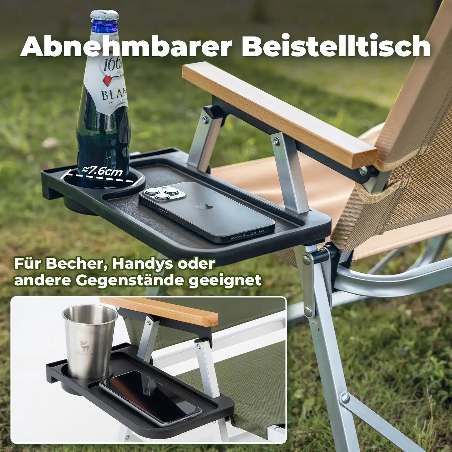 qunature klappstuhl mit abnehmbarem tisch fuer getraenke und handy im outdoor-bereich