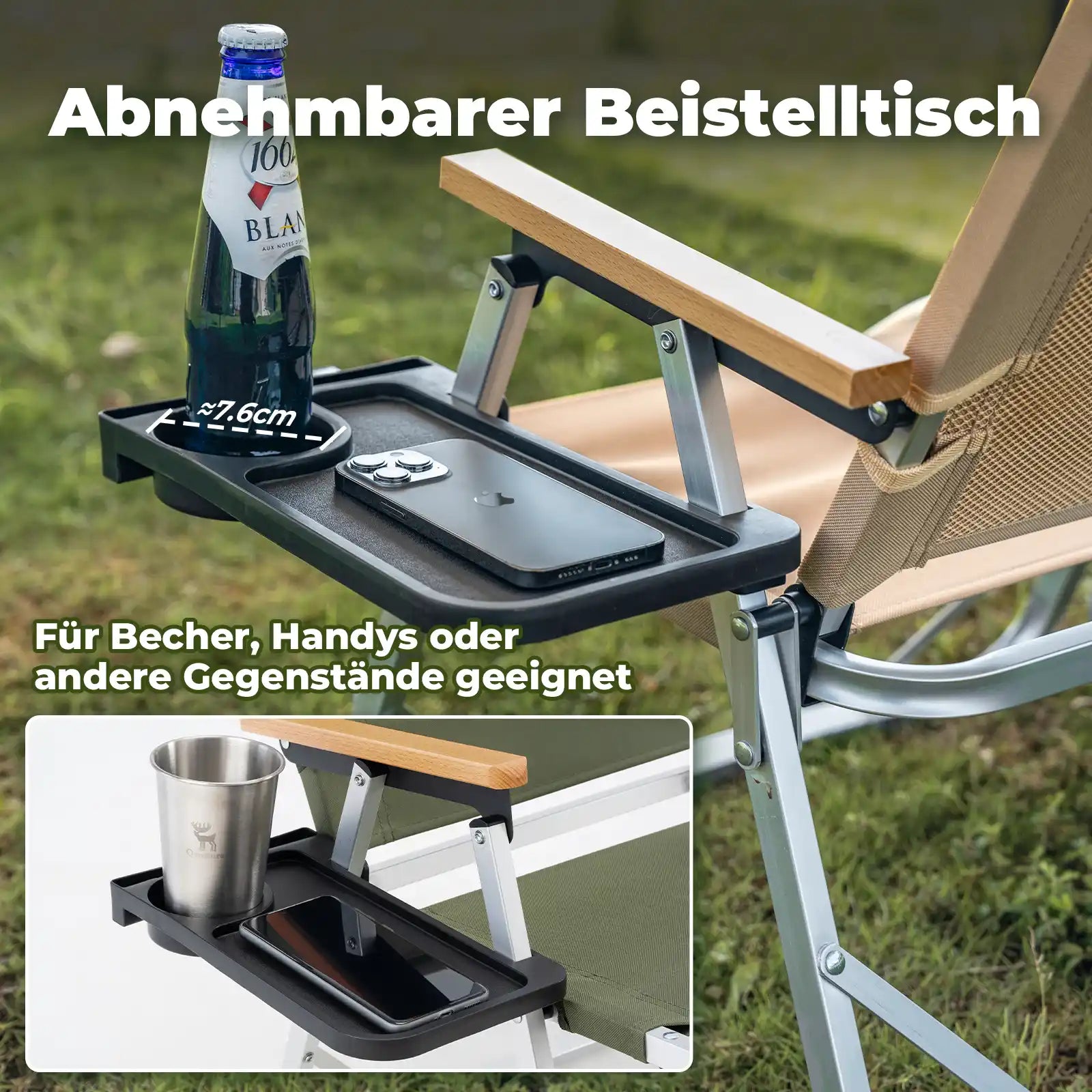 qunature klappstuhl mit abnehmbarem tisch fuer getraenke und handy im outdoor-bereich