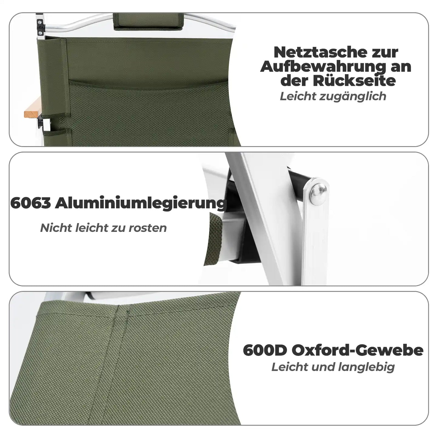 qunature gruener campingstuhl mit praktischer rueckentasche, rostfreiem aluminiumrahmen und langlebigem oxford-stoff