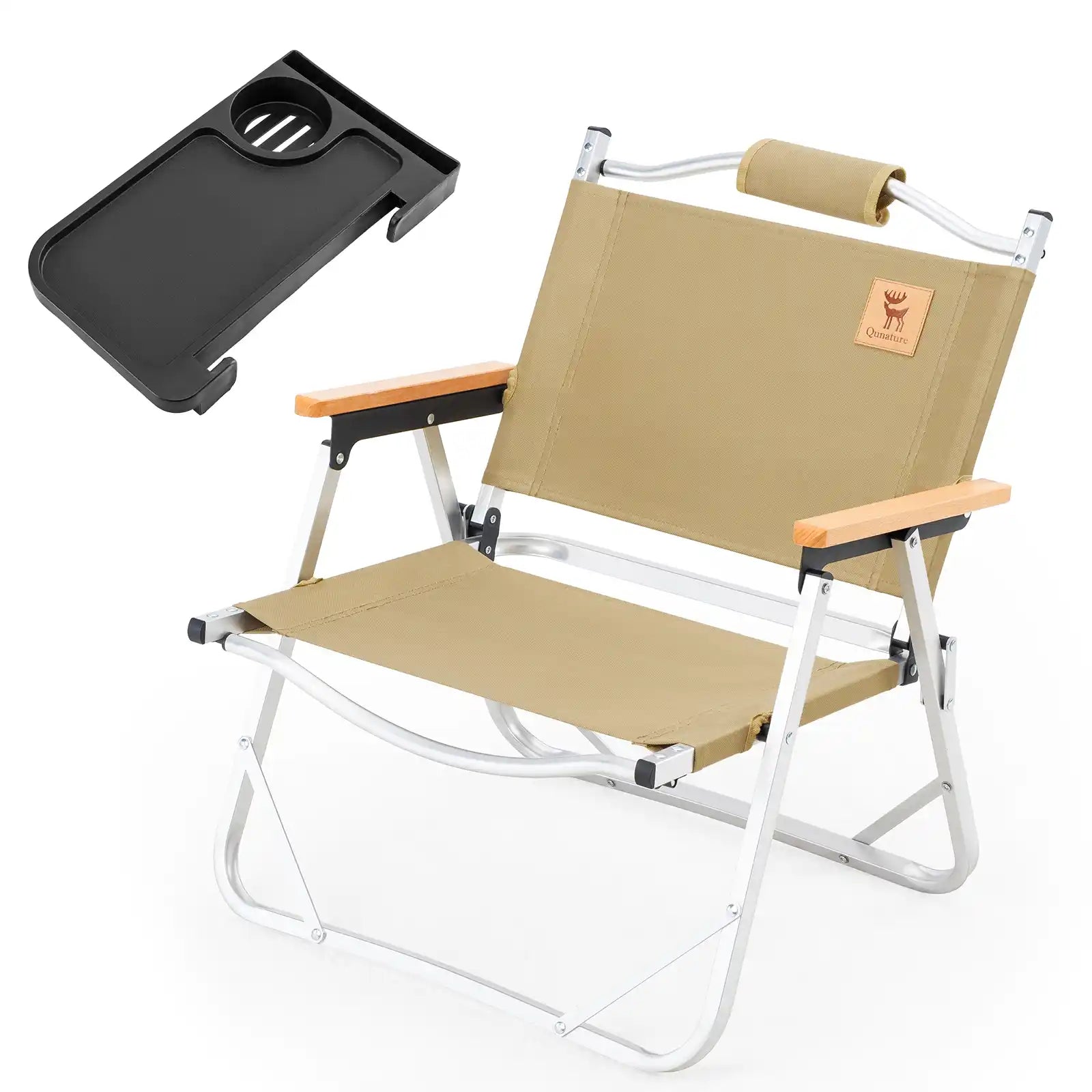 qunature kompakter klappstuhl beige mit abnehmbarem beistelltisch fuer getraenke und handys
