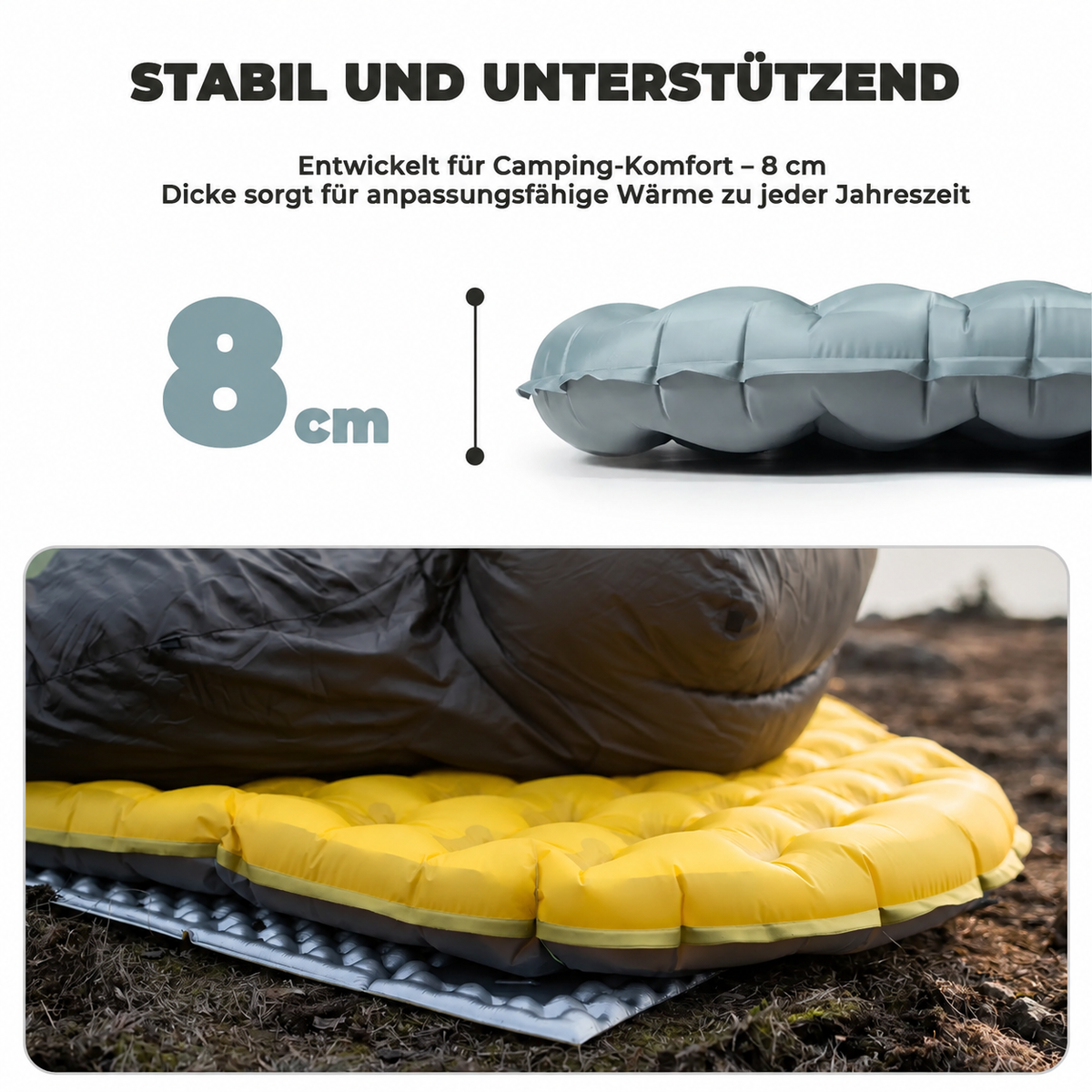 8 cm dicke R5-Isomatte beim Camping, ohne Kissen.
